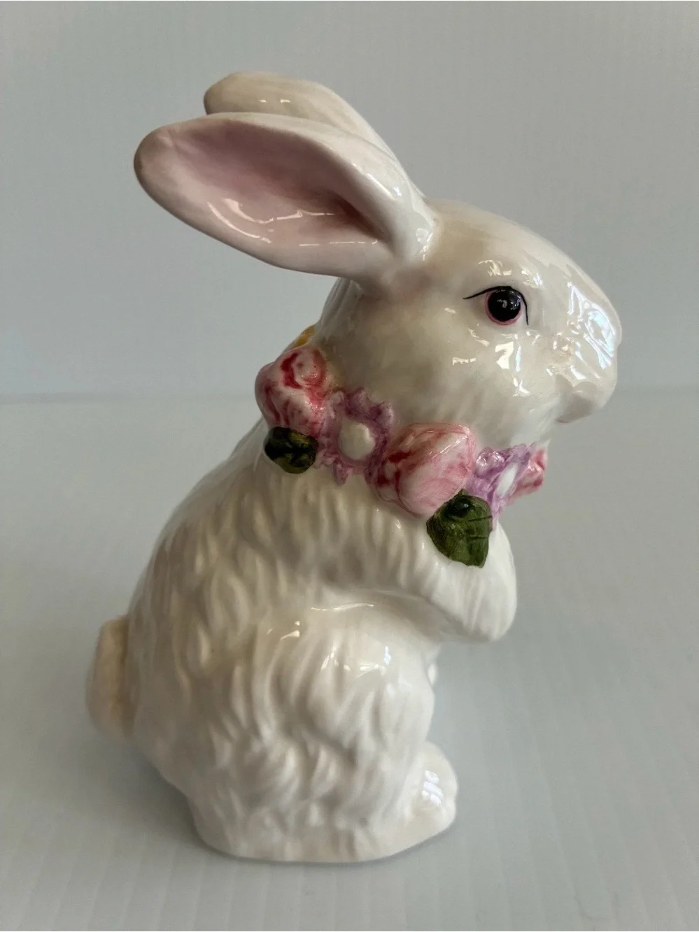 Y2K White Ceramic Bunny Pink Bow Floral Necktie Small Figurine Farmhouse